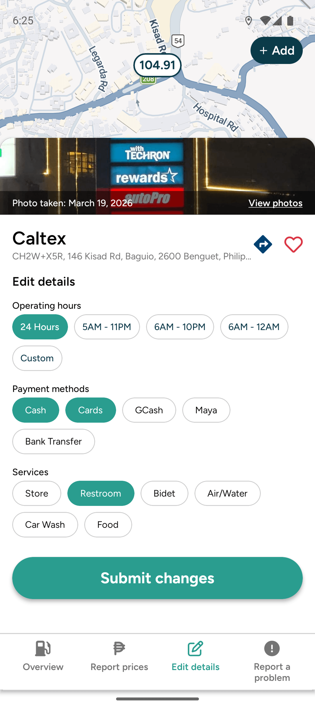 Edit station details screen showing hours, payments, and services