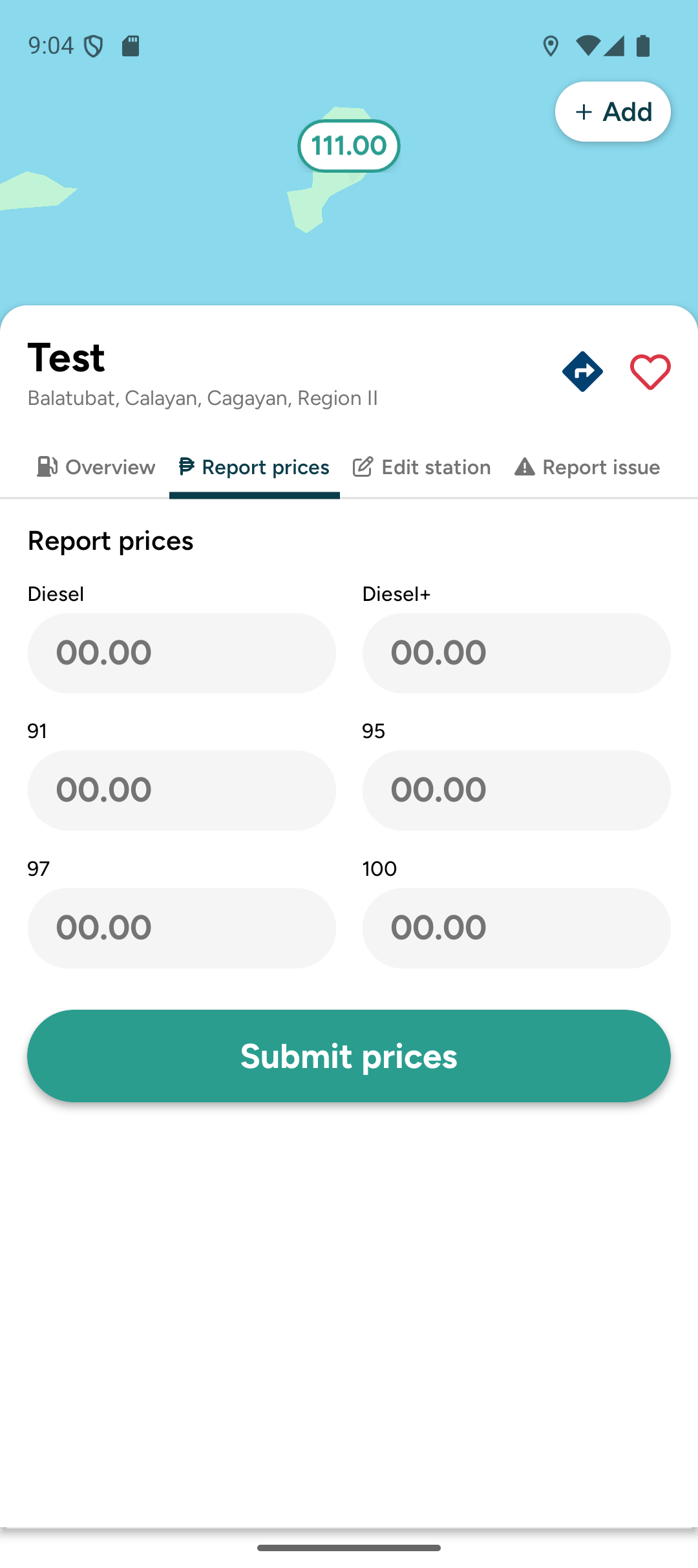 Price reporting screen